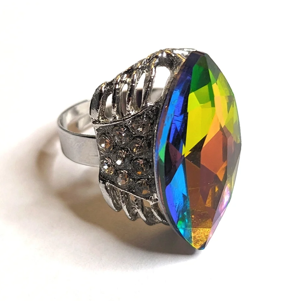 Vintage Adjustable Silver Tone AB‎ Crystal Cocktail Ring